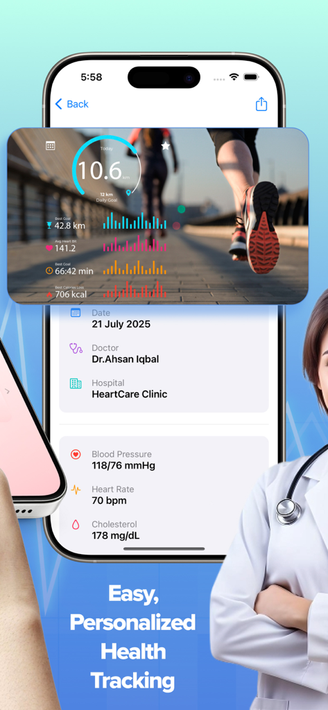 Heart Health Checkups - Mobile app interface showing heart health metrics like blood pressure heart rate and running activity stats