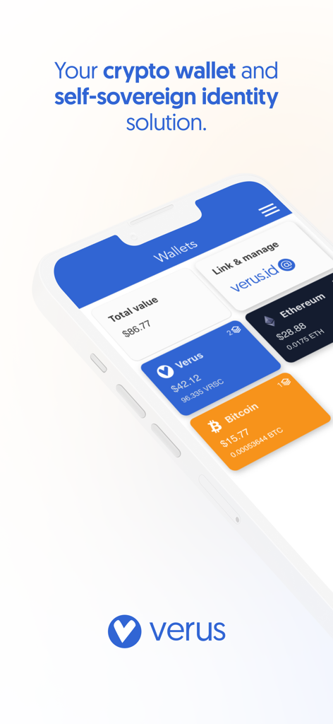 Verus Mobile - Verus Mobile app interface displaying cryptocurrency wallet balances for Verus Bitcoin and Ethereum along with self-sovereign identity options