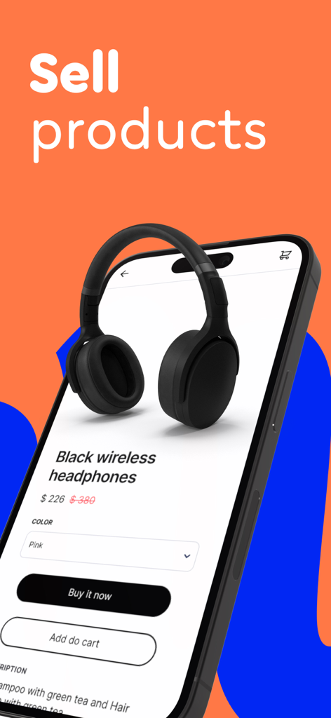 Billdu: Store,Inventory,Orders - Mobilansicht der Billdu-App, die eine Produktseite für schwarze kabellose Kopfhörer zeigt