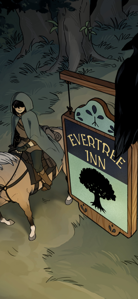 A hooded traveler on horseback arriving at the Evertree Inn sign in a forest