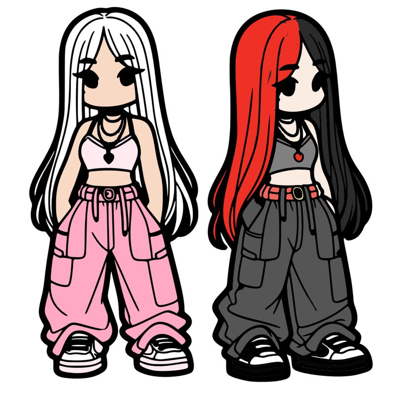 girl in baggy pants crop top and long hair