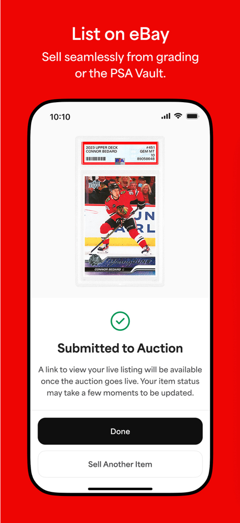 PSA: Card Scanner & Grading - PSA app screen showing a graded hockey card successfully submitted to an eBay auction with options to view the listing or sell another item.