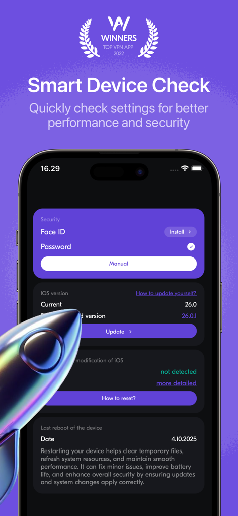 StealthConnect: VPN & Security - StealthConnect app interface showing smart device security check for Face ID and iOS system updates