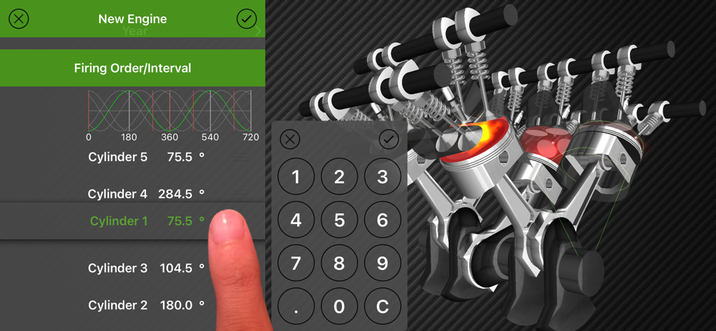 Trans4motor - Engine Simulator - Uma tela do simulador de motor 3D mostrando a personalização da ordem de ignição e do intervalo dos cilindros com um teclado numérico e um modelo interativo.