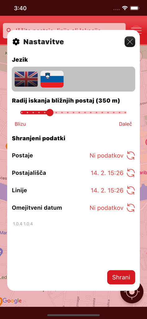 Settings screen of the M mobilnost app displaying language options search radius slider and data synchronization status