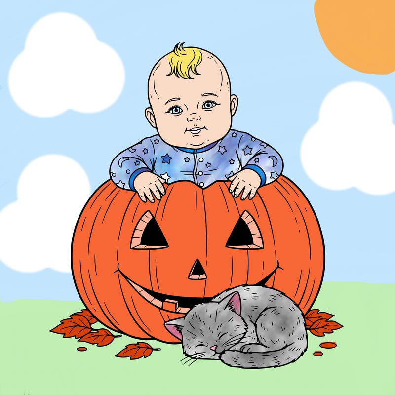 baby sitting in a pumpkin wearing a sleeper and a kitten asleep near the pumpkin