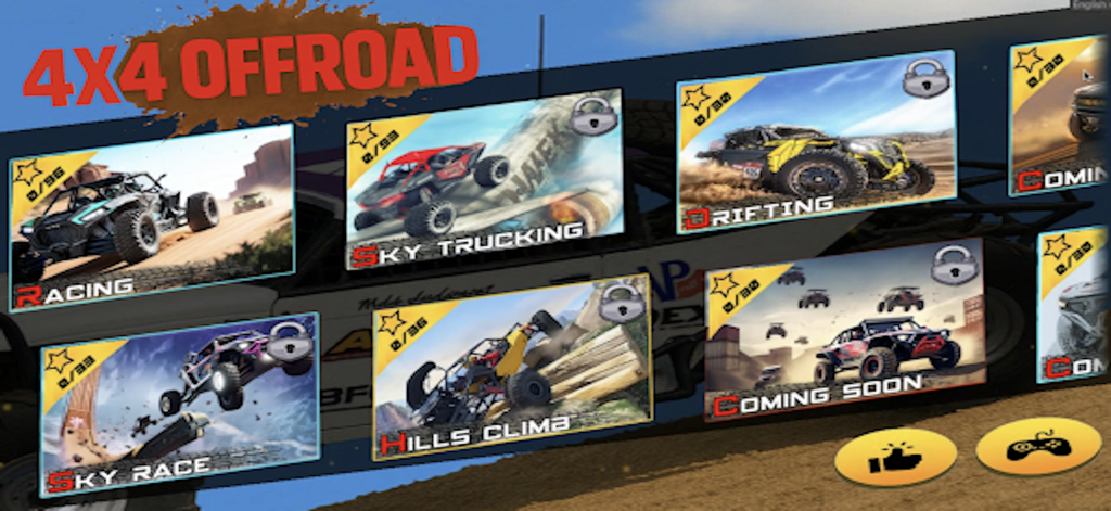 4x4 OFFROAD MONSTER TRUCK RACE - Menu de jogo do 4x4 Offroad Monster Truck Race mostrando opções de seleção para os modos Corrida, Drift e Subida.