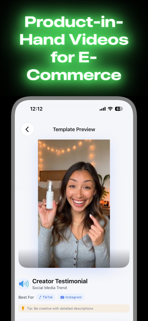 Creatify AI UGC Video Ad Maker - Interface do aplicativo móvel do Creatify AI mostrando um modelo de depoimento em vídeo de criador para publicidade de e-commerce