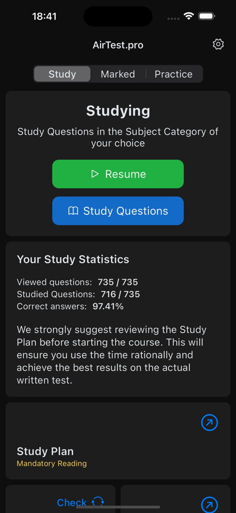 AirTest Pro - AirTest Pro app interface showing study statistics and progress for pilot certification exams