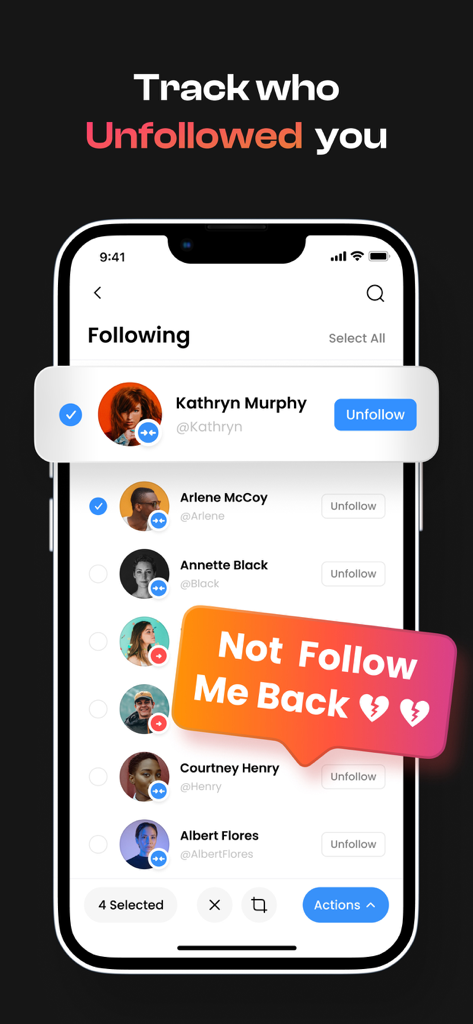 Followers+ Track for IG - Mobile app interface showing a list of Instagram users who do not follow back with options to unfollow