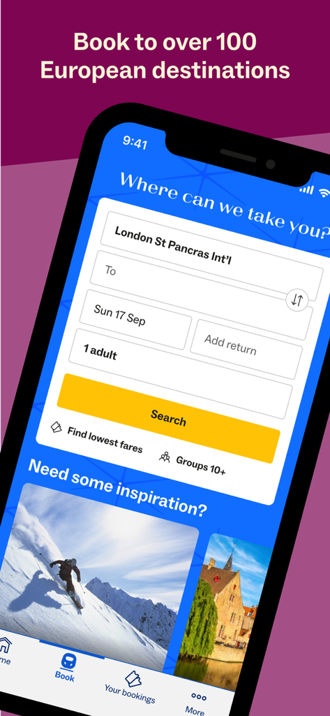 Eurostar: Train travel & Hotel - Eurostar mobile app ticket booking interface for European train travel