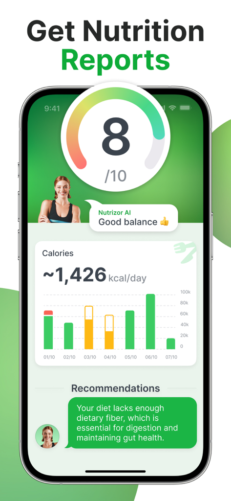 AI Nutrition Coach - Nutrizor - Interfaz de la aplicación Nutrizor que muestra un gráfico de seguimiento de calorías de informes de nutrición y recomendaciones del coach de IA.