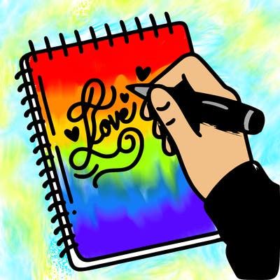 a hand writing “love” in calligraphy on a notebook