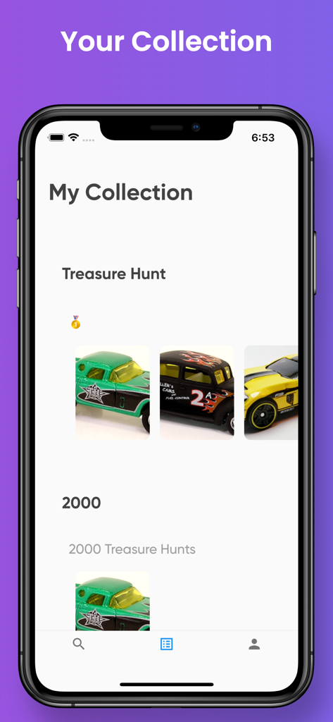 Collection Guide for Hotwheels - Captura de pantalla de la aplicación Hotwheels Collection Guide que muestra la sección de colección de coches Treasure Hunt.