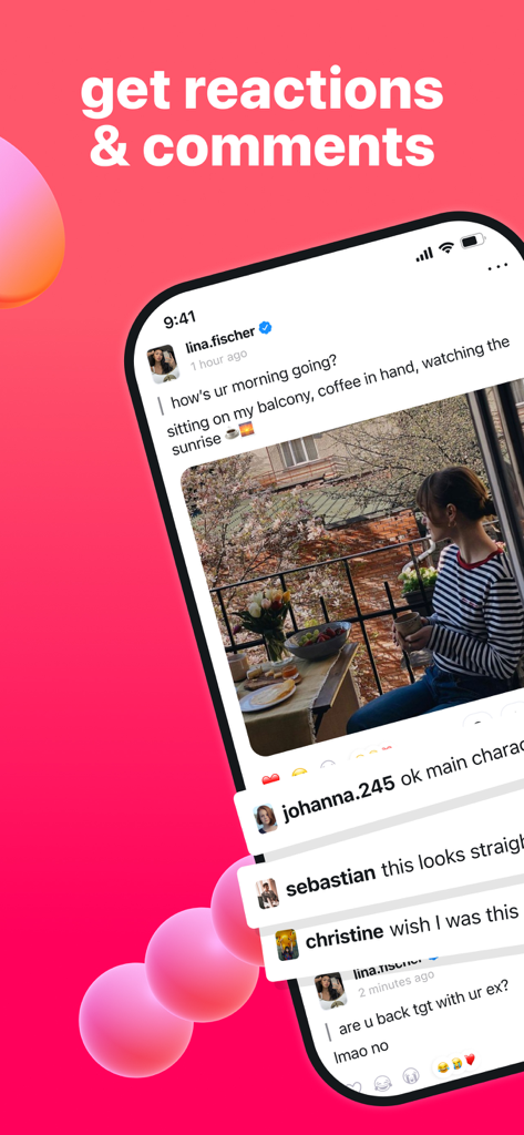 Tellonym app screen showing a user profile with a photo and several anonymous comments and reactions