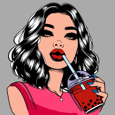 realistic girl with glossy lips holding boba