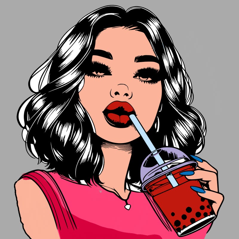 realistic girl with glossy lips holding boba
