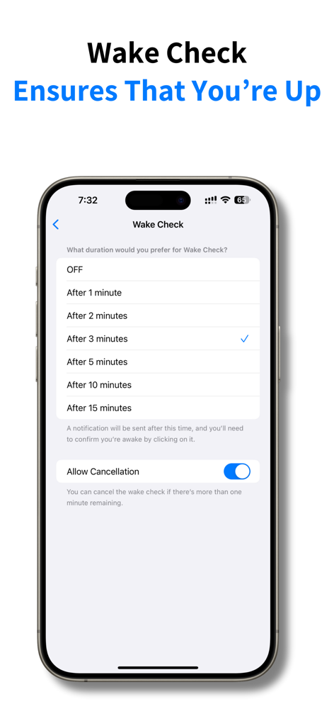 ProAlarm: Mission Alarm Clock - ProAlarm app showing wake check options to ensure users stay awake