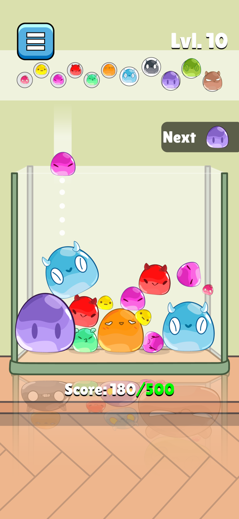 Block puzzle pro Gem for watch - Tela de jogo de Block Puzzle Pro Gem mostrando slimes coloridos com tema de monstro se fundindo em um recipiente