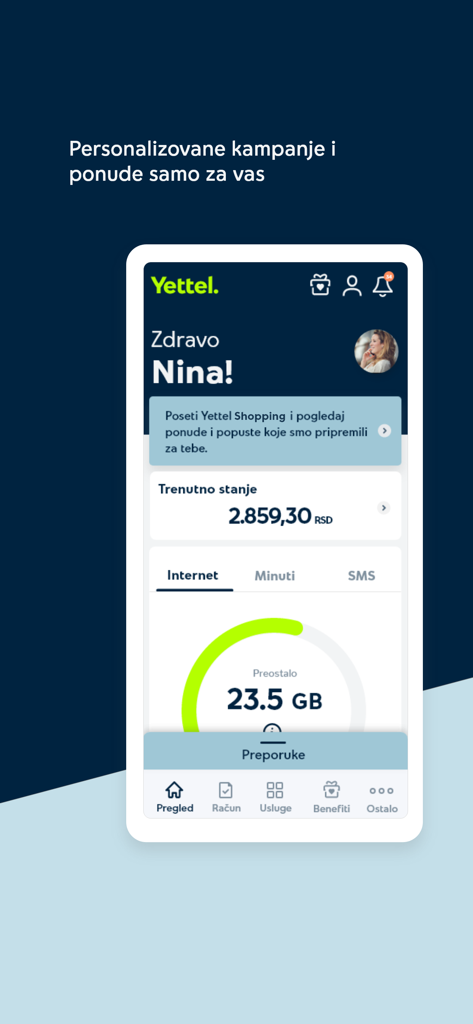 Dashboard dell'app mobile Yettel SRB che mostra il saldo del conto e l'utilizzo dei dati