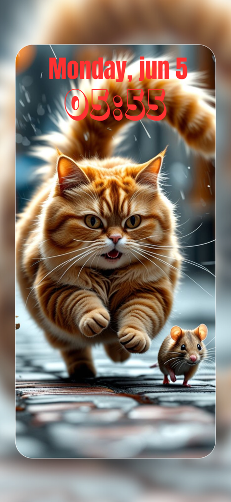 Un peludo gato atigrado persiguiendo juguetonamente un pequeño ratón en un fondo de pantalla de bloqueo móvil