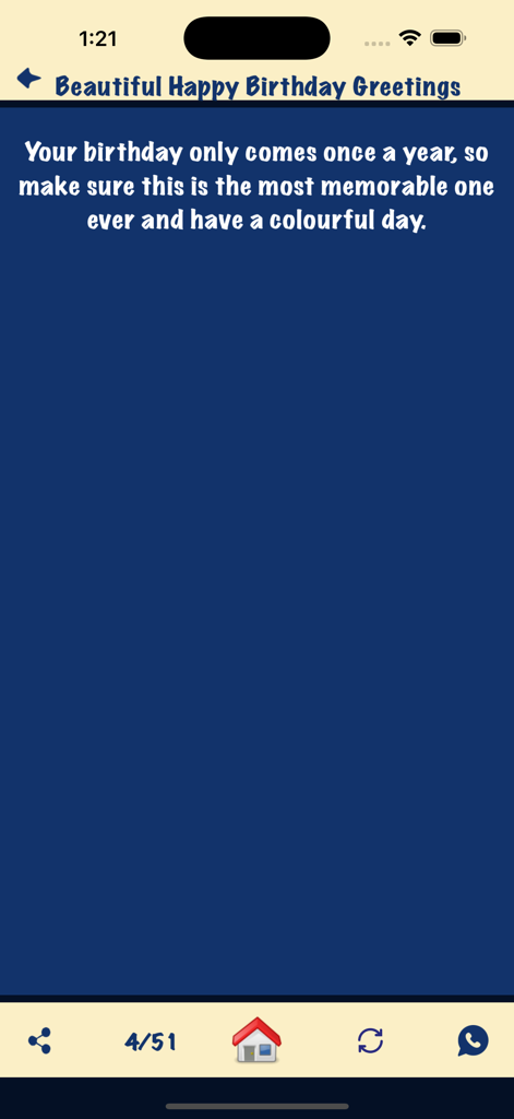 A birthday greeting message displayed on a blue background within the mobile app interface.