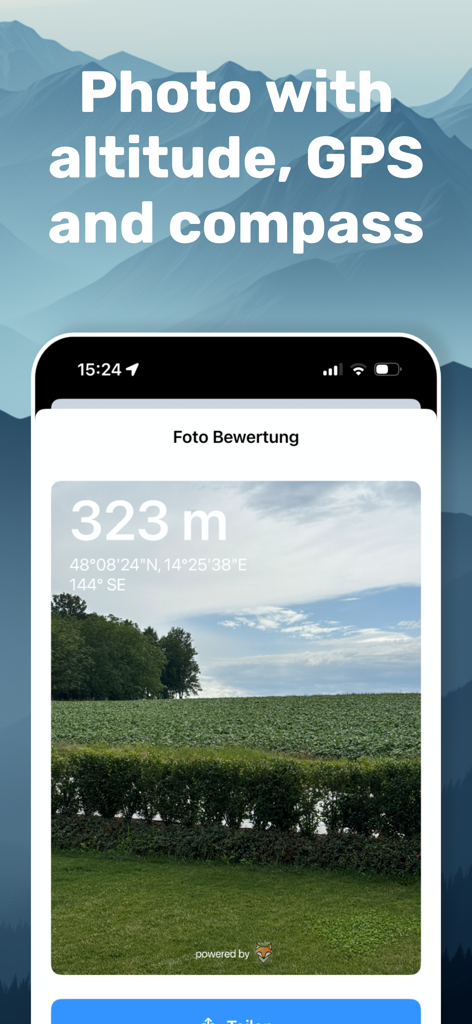 Altimeter Photo, GPS & Compass - Pantalla de iPhone mostrando una foto de paisaje con superposición de altitud y coordenadas GPS.
