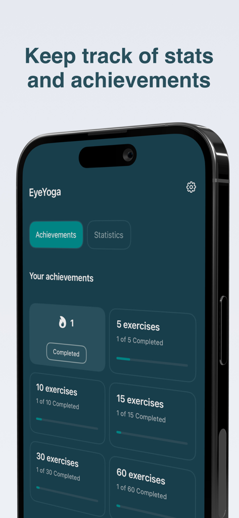 EyeYoga-App-Bildschirm mit Benutzererfolgen und Statistiken für absolvierte Augenübungen