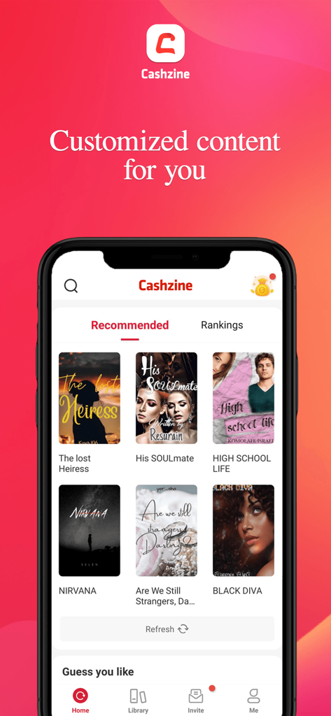 Cashzine-Read Novels - Mobile screen showing Cashzine personalized novel recommendations including romance and drama titles