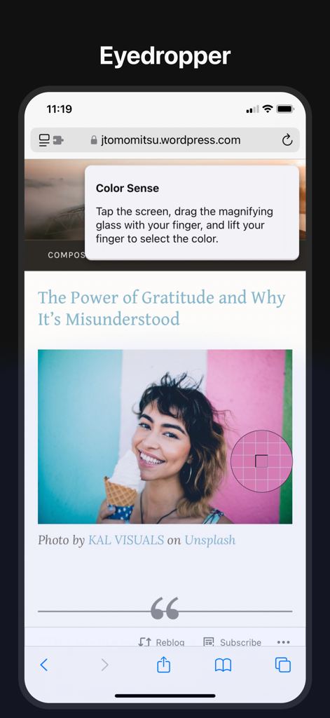 The Color Sense eyedropper tool selecting a color from a website in Safari on an iPhone