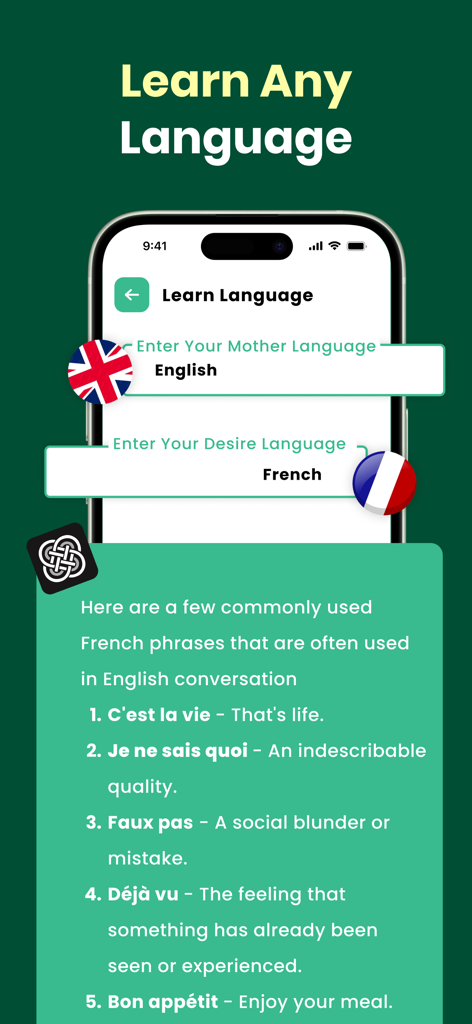 AI Chat & AI Chatbot Assistant - Pantalla de smartphone de una aplicación asistente AI que muestra la herramienta de aprendizaje de idiomas con traducción de inglés a francés.
