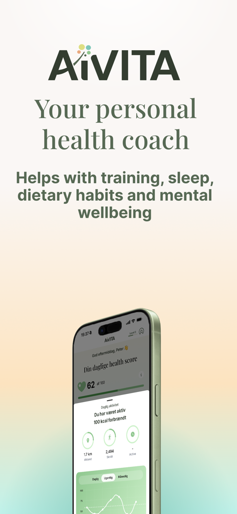 AIVITA - AIVITA mobile app interface featuring the slogan Your personal health coach and a daily health score dashboard
