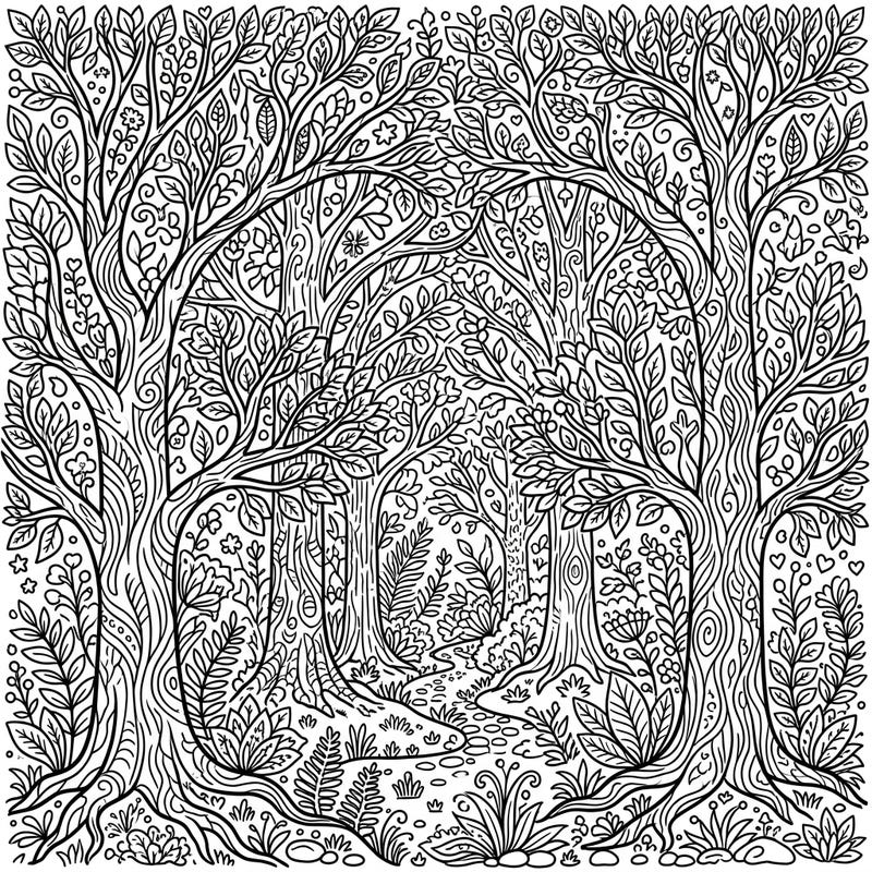 Unleash your creativity with this beautiful tree line art pattern, featuring a dense forest full of intricate branches and foliage. Discover a winding path through the woods, ready for you to bring to life with color.