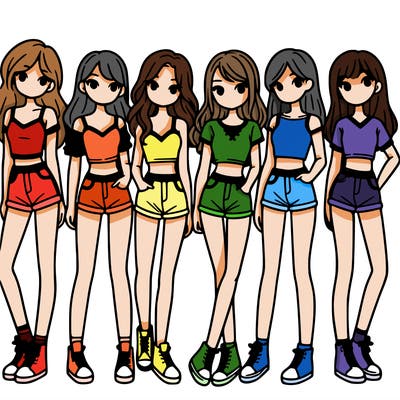 a group of girls wearing crop tops and shorts