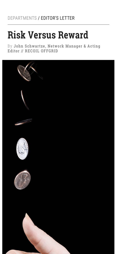RECOIL OFFGRID Magazine - RECOIL OFFGRID magazine article titled Risk Versus Reward featuring coins flipping in mid-air above a thumb.
