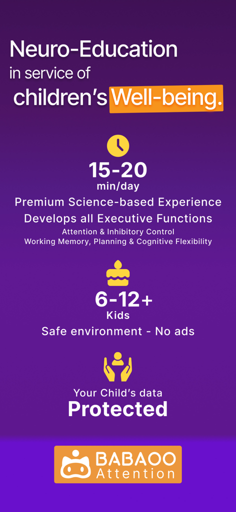 Graphique promotionnel pour l'application Babaoo mettant en évidence les caractéristiques de neuro-éducation pour les enfants, y compris les objectifs quotidiens d'entraînement à la concentration et la protection des données.