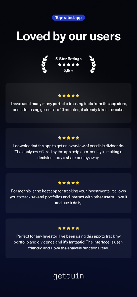 getquin - Portfolio Tracker - Una colección de reseñas y calificaciones de cinco estrellas para la aplicación de seguimiento de cartera getquin, que muestran comentarios positivos de la comunidad de inversores.