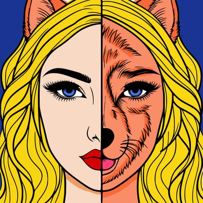 split face realistic woman and wolf