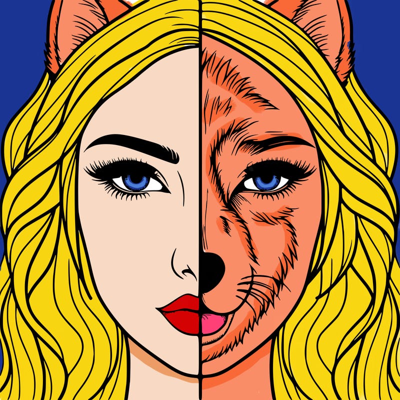 split face realistic woman and wolf