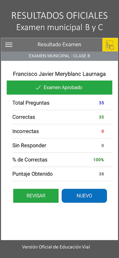 Educación Vial - Schermata dei risultati che mostra un esame di guida cileno superato con un punteggio perfetto