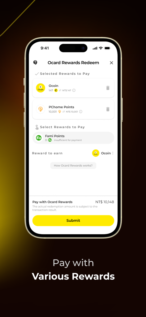Ocard: Rewards and Coupons - Ocard app interface showing various reward points selected for payment redemption