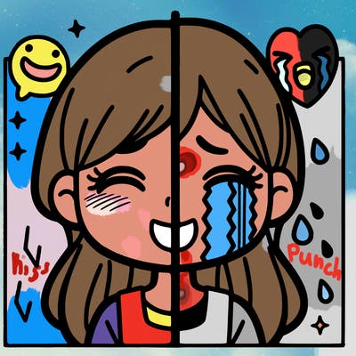a girl that is smiling on one side and crying on another