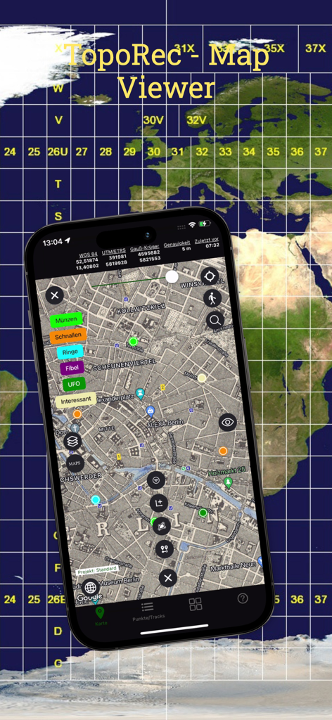 TopoRec - Map Viewer - Aplicativo TopoRec Map Viewer exibindo um mapa histórico com marcadores personalizados em um smartphone