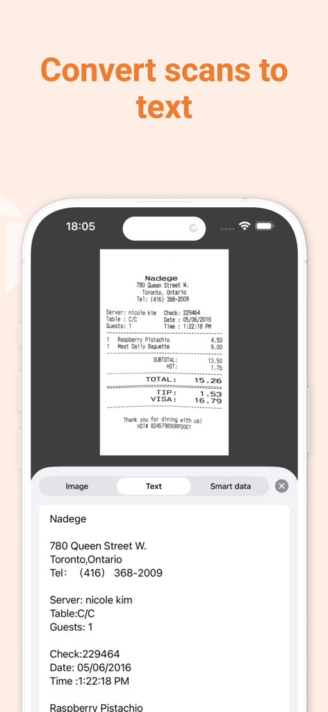 Mobile App-Oberfläche, die die Konvertierung eines gescannten Belegs in bearbeitbaren digitalen Text zeigt