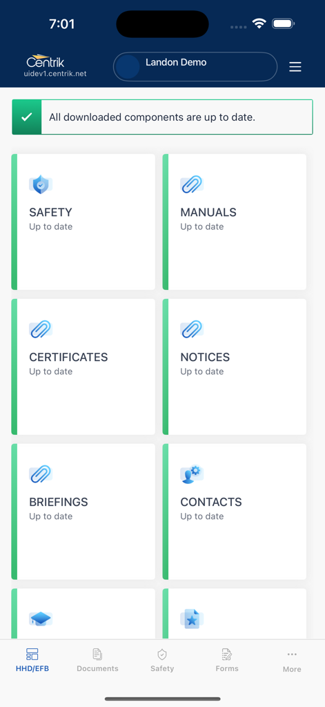 Dashboard of the Centrik app showing categories for safety manuals and certificates
