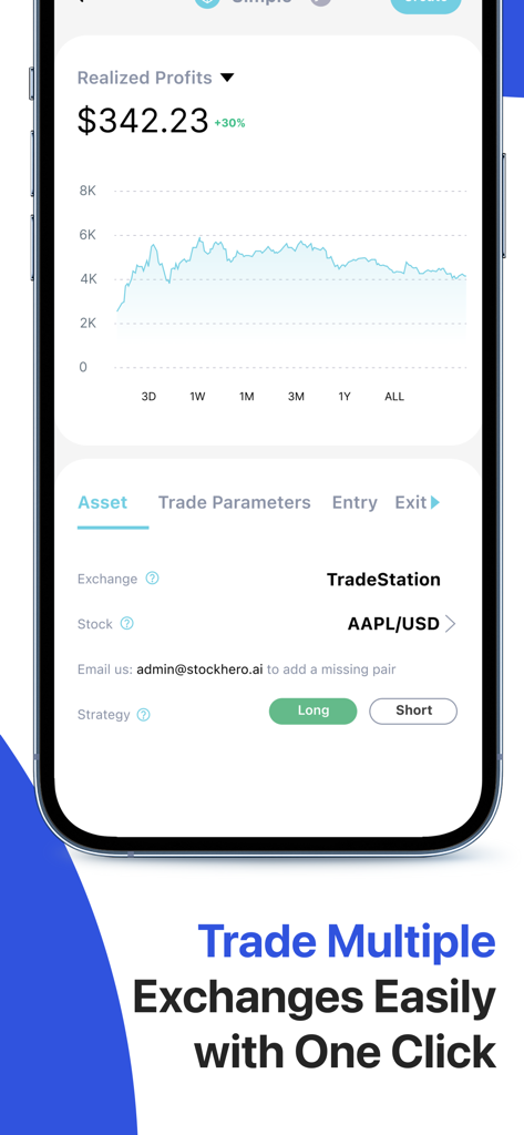 StockHero: Smart Trading Bot - StockHero app interface displaying realized profits and trading bot settings for AAPL stock on TradeStation exchange