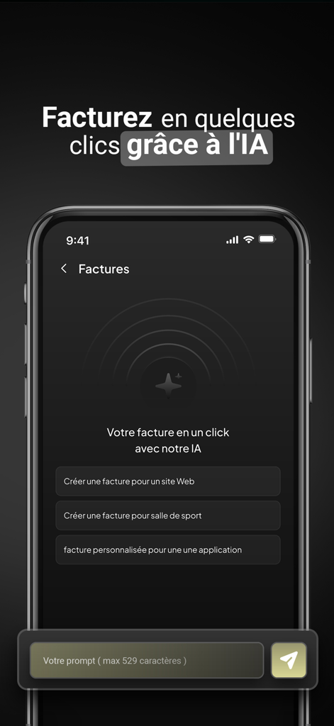 AI powered invoice creation screen in the Payme mobile app showing prompt options