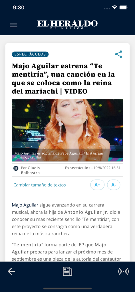 El Heraldo de México - Entertainment news article about Majo Aguilar on the El Heraldo de Mexico mobile app interface.