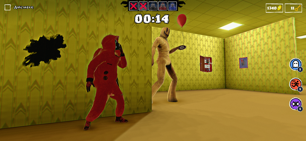 A player character hiding from a tall monster with a red balloon in a yellow room.