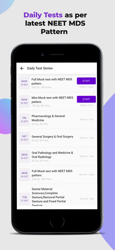Daily test series schedule for NEET MDS preparation showing mock tests and subject-wise exams
